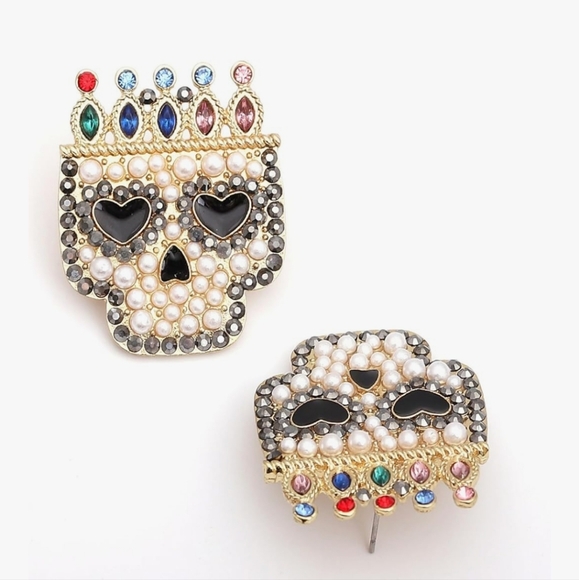 Crown King Skull Rhinestone & Pearl Earrings Multicolor Gold Crystal Statement - Picture 3 of 5